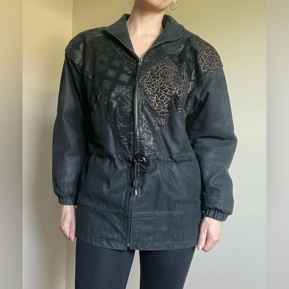 Vintage Pelle Cuir 100% Leather Jacket Mixed Print 80s Zip Up Size Medium - Picture 1 of 12